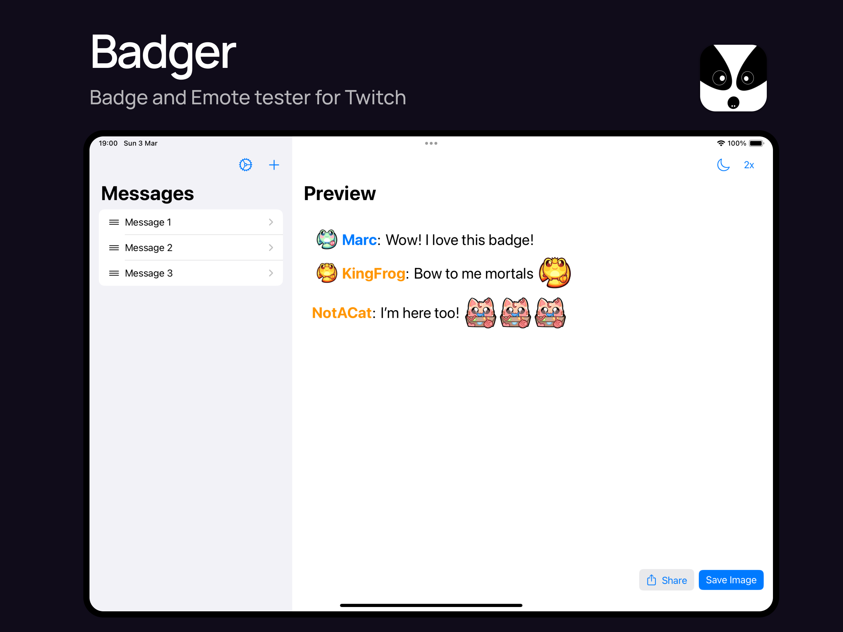 Screenshot of the Badger app, showing 3 Twitch chat previews with custom badges and emotes